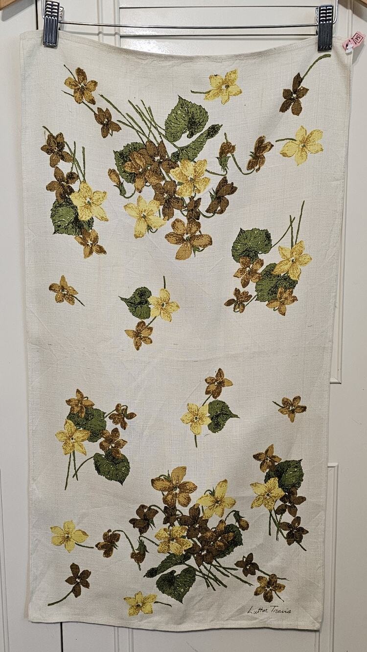 VTG Luther Travis Fallani Cohn Linen Tea Towel Retro Yellow Violet Floral MCM